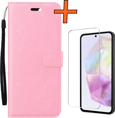 Hoes - Met Screenprotector - Geschikt voor Samsung Galaxy A35 - Luxe Pasjeshouder - Bookcase Portemonee - Flip Case - Kunstleer Book Case - Flipcase - Book Cover - Walletcase - PortemonneeHoes - Lichtroze