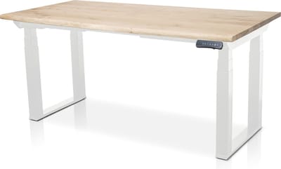 Zit-sta bureau met massief eiken boomstam blad 120 x 80 cm - MRC PRO Solid NEN-EN 527 - elektrisch verstelbaar - frame wit - 125 cm hoog - 200KG draagvermogen