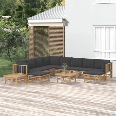 vidaXL - 12-delige - Loungeset - met - kussens - bamboe - donkergrijs
