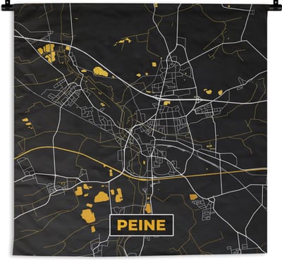 Wandkleed - Wanddoek - Duitsland – Black and Gold – Peine – Stadskaart – Kaart – Plattegrond - 180x180 cm - Wandtapijt