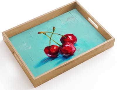 Dienblad hout 40x30 cm - Schootdienblad - Kersen - Rood - Drie - Geverfd - Borrelplank rechthoek - Plateau dienbladen