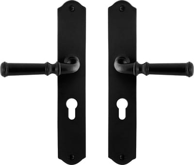 Deurkruk op schild - Smeedijzer zwart - Gietijzer - GPF - GPF6220.60 smeedijzer zwarte Deurklink Meri op PC55, 238x41x4mm