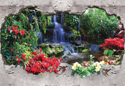 Fotobehang Waterfall Forest Flowers | XL - 208cm x 146cm | 130g/m2 Vlies