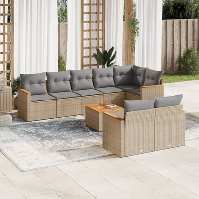 vidaXL - 9-delige - Loungeset - met - kussens - poly - rattan - gemengd - beige