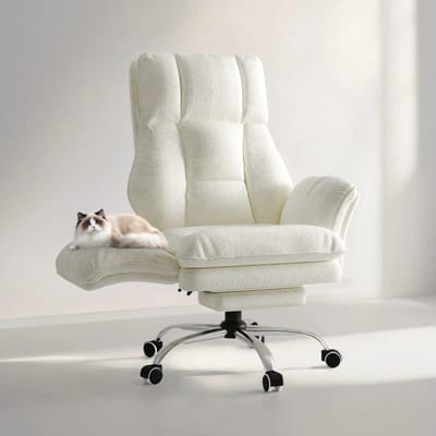 RosaBloom Bureaustoel - Gamestoel - Fauteuil - Ergonomisch - White Teddy Fleece - Grote Zitting - Opklapbare Armleuningen - Met Voetensteun