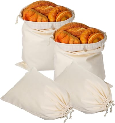 Herbruikbare Linnen Broodzakken 30 x 40 cm - Trekkoord, Beige, Ideaal voor Brood, Baguettes, Fruit en Groenten, Duurzaam en Milieuvriendelijk