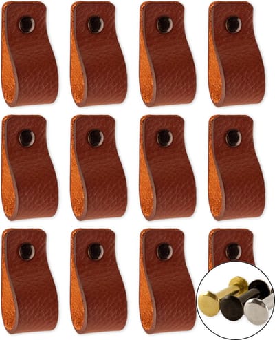 Leren handgrepen - Cognac - 12 stuks - 12,5 x 2,5 cm - incl. 3 kleuren schroeven - Handgrepen leer - Leren meubelgreep - Leren handvaten kast - Leren lus - Handgreep kast leer - Leren greepjes - Handvat leer - Leren deurgreep - Leren handgreep