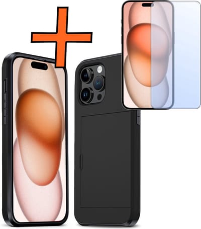 Hoesje Geschikt voor iPhone 15 Pro Hoesje Pasjeshouder Shockproof Hard Case Met Screenprotector - Hoesje Geschikt voor iPhone 15 Pro Hoes Met Kaarthouder - Zwart