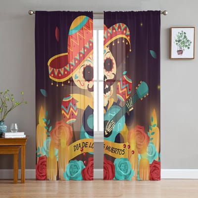Mexicaanse Schedel Kaars Tule Gordijnen Voor Woonkamer Decoratie Modern Chiffon Transparant Voile Keukengordijn 135W x 114H(cm) brown