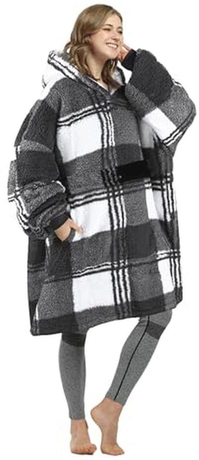 Oversized comfortabele sherpa hoodie voor volwassenen in zwart bufflo plaid