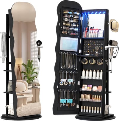 Juwelenkast met Spiegel - Opberger met LED - Sieraden Organiseren - 360 Graden Draaibaar - 159 x 60 cm - Zwart