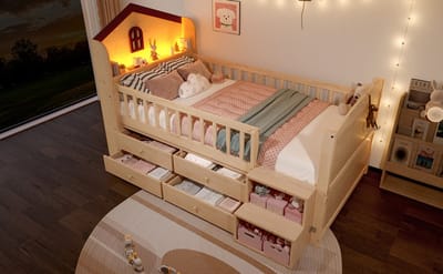 Zubaliya Hoogslaper Huisbed 90x200 - Kinderbed met LED Verlichting, Opbergtrap en 4 Laden - Houten Kinderbed Naturel