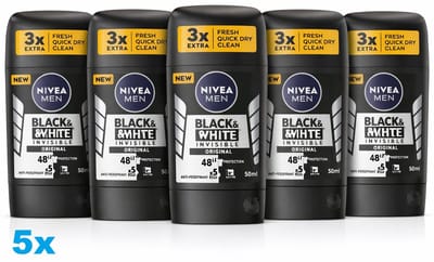 NIVEA MEN Black & White Invisible Original Deodorant Stick 5 x 50ml – 48H Anti-Transpirant – Voordeelverpakking 5 Stuks