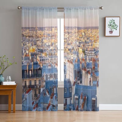 Luchtfoto van de Parijse skyline met gevels Tule Transparante Gordijnen voor Woonkamer Keukendecoratie Voile Organza Gordijnen 135W x 114H(cm) gray