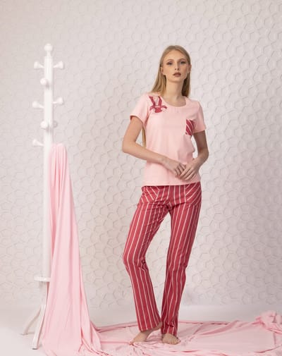 VANILLA - Stripes dames pyjama - Pyjamasets - Egyptisch katoen - Roze - 8903 - L