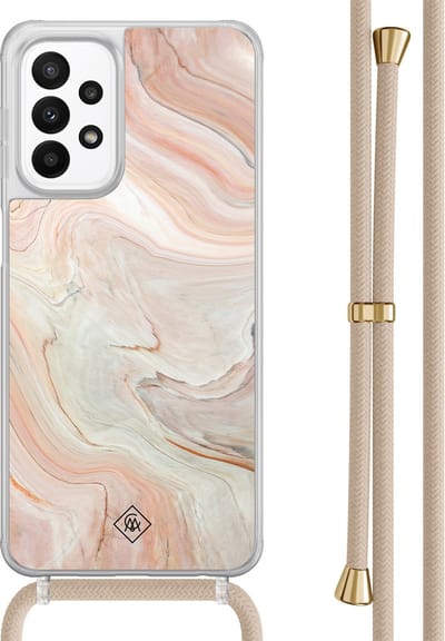 Casimoda® hoesje met beige koord - Geschikt voor Samsung A23 - Marmer Waves - Afneembaar koord - TPU/acryl - Bruin/beige