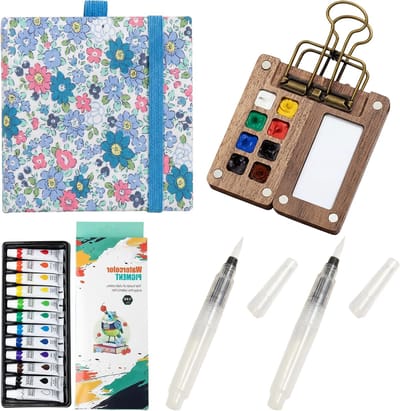 Zakformaat aquarelset, mini aquarelreisset met ringband, compact aquarelpalet, houten zakformaat aquarelreisset voor kunstenaars, schetsboekpaletset, 8 vakken, geschikt voor schilders, kunstenaars en studenten (Blauw - 12 jaar)