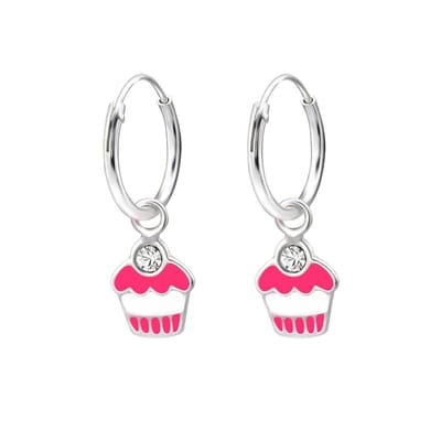 WeLoveSilver kinderoorringen - zilver - roze cupcake & kristal