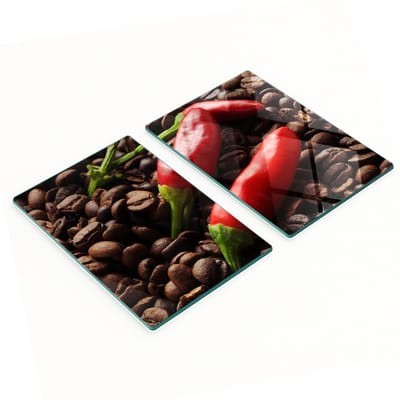 Stijlvolle en duurzame glazen snijplanken met chilipepers en koffie, 2x40x52 cm