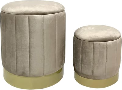Set van 2 Fluweelzachte Opbergpoefs Beige - Voetenbank en Ottomaan met Verborgen Opbergruimte
