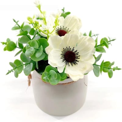 Kunstbloemen in pot voor thuiskantoor decoratie, nepbloemen kit met eucalyptus en papaver, stijlvolle plant voor binnengebruik