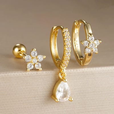 Bloem Oorbellen Set met Zirkonia Stenen- 925 Sterling Zilver - 18K Verguld Dames Oorbellen - Dames Sieraden - Wit