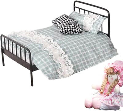 Poppenhuis Meubilair - Beddengoed Set - Rollenspel Decoratie - Smeedijzeren Frame - 17 x 105 x 95 cm - Blauw