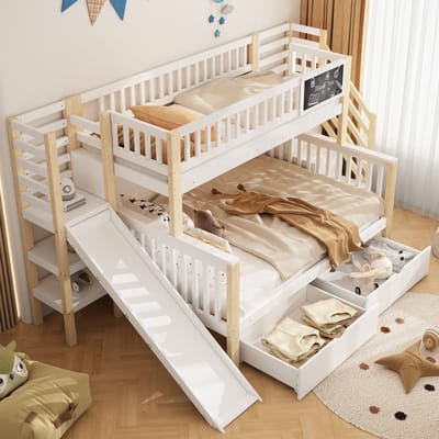 Intebiki Huisbed - kinderbed - stapelbed - multifunctioneel kinderbed - met trap en opbergkasten - met glijbaan en klein tafeltje - 140*200 cm & 90*200 cm - wit