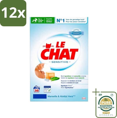Le Chat Sensitive - Waspoeder - Witte en Gekleurde Was - Marseille & Aloë Vera - 38 Wasbeurten - Voordeelverpakking - 12 stuks - Gevoelige huid - Babywas