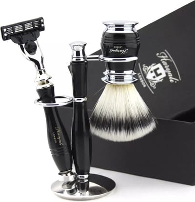 Scheerset voor mannen Scheren met scheermes met 3 randen, synthetische scheerkwast en scheerstandaard, scheerset in zwarte kleur voor herenverzorging