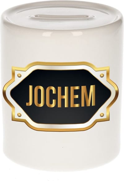 Spaarpot met voornaam Jochem - wit - met goud/zwart embleem - 8 x 9 cm - keramiek - met afsluitdop - cadeau verjaardag