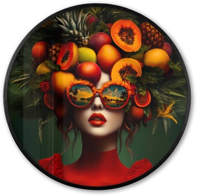 Poster in lijst Rond - Fotolijst 60x60 cm - Posters - Vrouw - Vruchten - Papaja - Ananas - Ronde posterlijst zwart - Decoratie - Wanddecoratie woonkamer - Muurdecoratie slaapkamer
