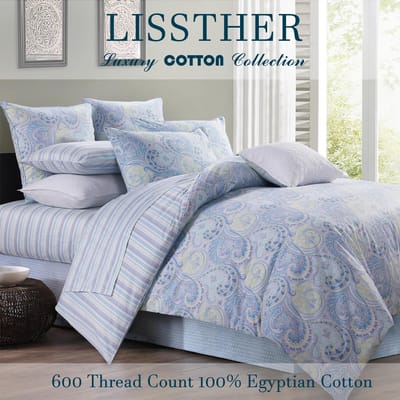 3-delige 600TC 100% Egyptisch Katoen Dekbedovertrekset, Vintage Blauw Damast Paisley, Zacht Huidvriendelijk (Geen inzetstukken) Queen blauw