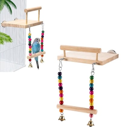 Schommel met vogelzitstok - Papegaaientouw - Vogeltouw - Papegaaienvoederbak - Papegaaienschommel - Vogelkooi-accessoire - Veelkleurig 14x12x17cm