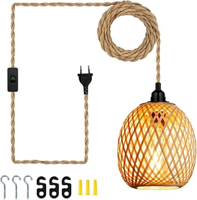 Hanglamp van bamboe met 4,5 m kabel en stekker, kroonluchter voor slaapkamer en woonkamer, boho-stijl, E27 fitting, rotan lampenkap, henneptouw, sfeervolle verlichting voor keuken en interieur