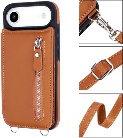 Casemania Hoesje Geschikt voor Apple iPhone 17 Air - Bruin - Luxe Back Cover met Koord en Rits - Wallet Case met Pasjeshouder - Lanyard Telefoonhoes - Cord Case