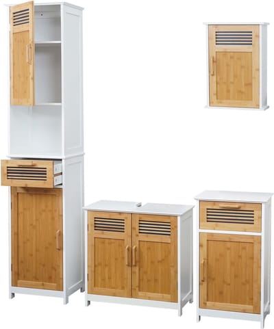 Badkamerset MCW-A85, badkamermeubel hoge wastafel badmeubel wandmeubel bamboe ladekast, wit