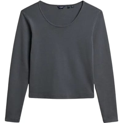 Superdry - Fijngeribde top met laag uitgesneden ronde hals en lange mouwen - Dames - T-shirts