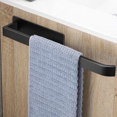 Famanu Handdoekhouder zonder boren, mat zwart, 304 roestvrij staal, zelfklevend, handdoekhouder, badkamer, handdoekhouder, wandbadhanddoekhouder, stabiel, eenarmig edel, 38 cm