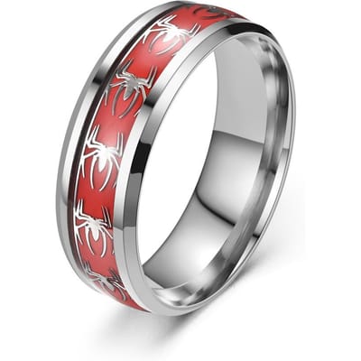 Personaliseerbare Naam Tekst 8MM Breed Ingelegd Rood Opaal Papier + Spin Motief Titanium Staal Herenring Trouwring Roestvrijstalen Ring 8&No Engrave gray