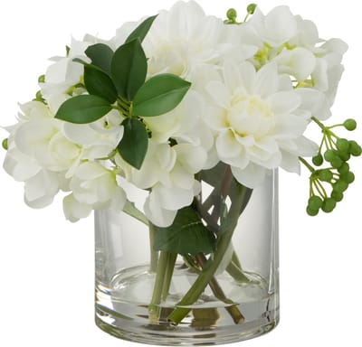 J-Line bloem Dahlia Hydrangea in vaas - kunststof - glas - wit