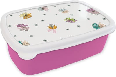 Broodtrommel Roze - Lunchbox - Brooddoos - Bloemen - Regenboog - Flora - Pastel - Patronen - 18x12x6 cm - Kinderen - Meisje