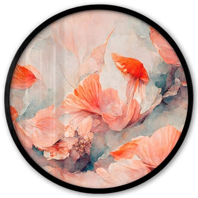 Poster in lijst Rond - Fotolijst 40x40 cm - Posters - Bloemen - Bladeren - Planten - Roze - Ronde posterlijst zwart - Decoratie - Wanddecoratie woonkamer - Muurdecoratie slaapkamer