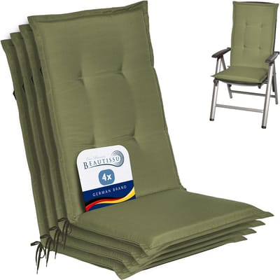 Beautissu Loft HL Stoelkussen Set 4x Hoge Rugleuning 120x50 cm Olijfgroen – Tuinstoelkussen UV-bestendig