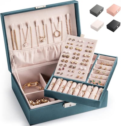 Dubbellaags Sieradenkoffer voor Kettingen, Oorbellen en Ringen - Organizer voor Vrouwen (Groen-M)