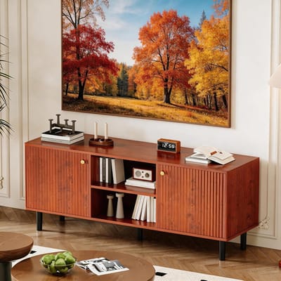 Televisiekast - Televisiekast - Mid-century modern entertainmentmeubel - Verstelbare plank en opbergruimte met 2 deuren - 140 × 64 × 40 cm - Bruin