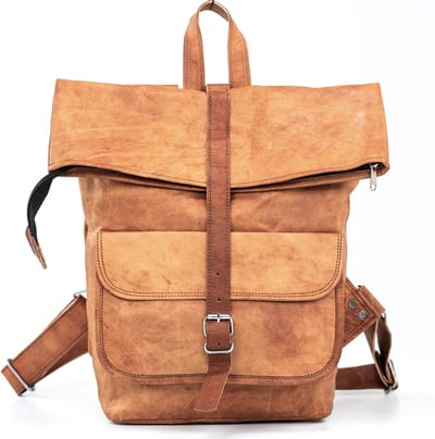 Rugtas Rolltop van Echt Leer – Cognac Bruin Echte Leder - Ruwe Urban Vintage Look – 50 x 35 x 12 cm / Laptop 16 inch / A3 Documenten – Entreríos Model 028