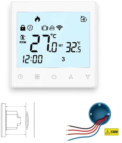 Wifi Inbouw Thermostaat | Touchscreen | Wifi | App bediening | Inbouw standaard doos | Programmeerbaar schema | Tuya | Wit
