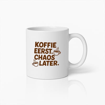 Grappige Koffiemok – "Koffie Eerst, Chaos Later" Beker – Humoristisch Cadeau voor Koffieliefhebbers & Collega’s