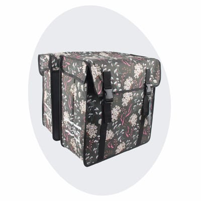 Voltano Dubbele Fietstas XXL - Pink Elegance - Grijs Met Bloemen - 60 Liter - Waterdicht - Universele bevestiging - Grote Fietstassen Elektrische Fietsen - 43x47x20 CM Per Kant
